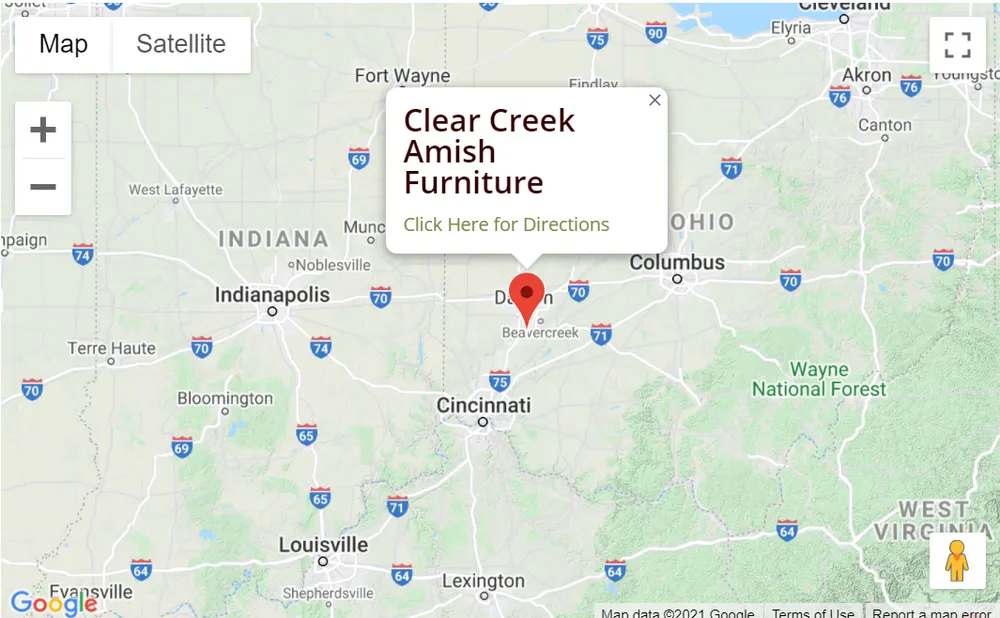 Map: Clear Creek Amish Furniture on State Route 73 between Springboro and Waynesville, Ohio